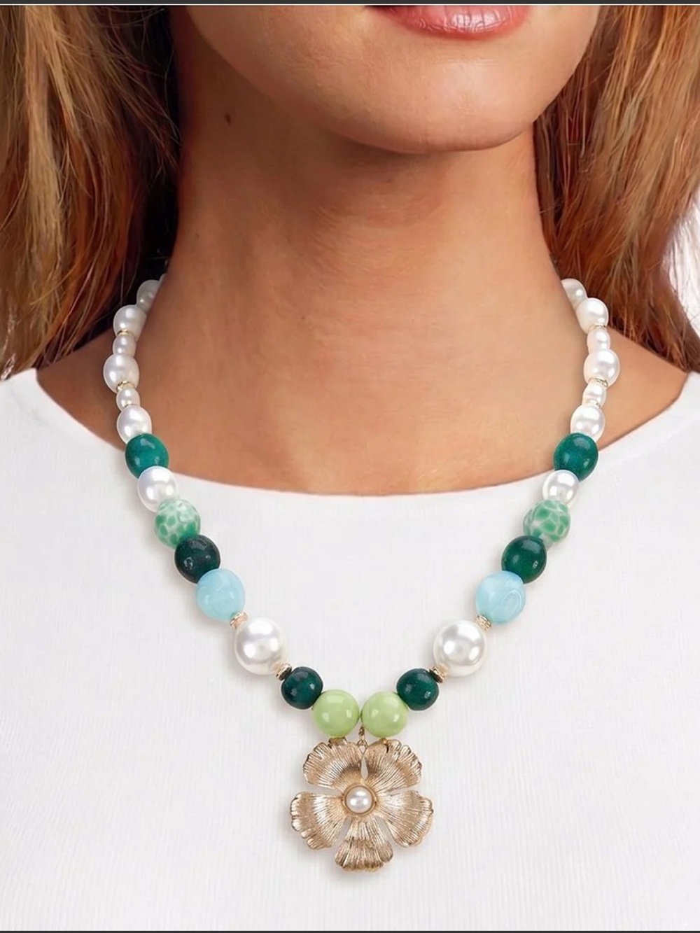 Southern Living Bead and Pearl Flower Pendant Statement Collar
Necklace